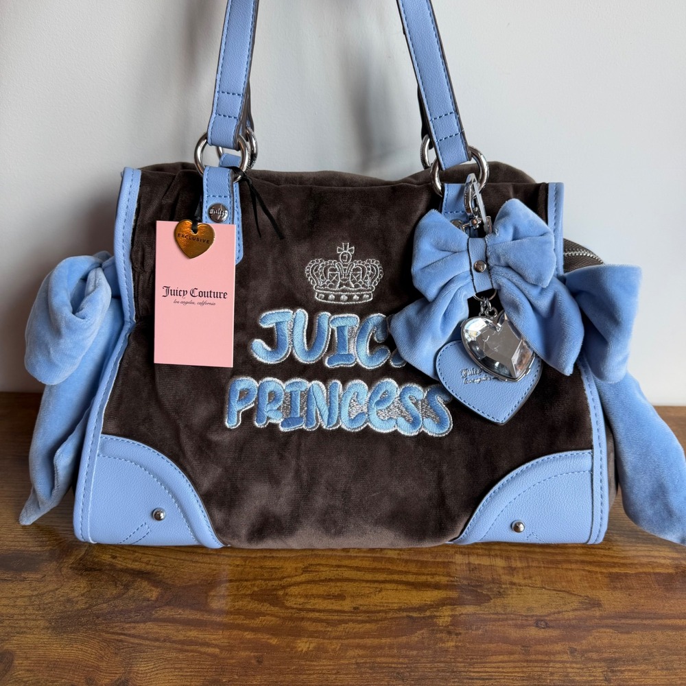 New Juicy Couture American Princess Tote Shoulder Handbag Y2K Bows Brown Blue